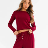 Rosie Pointelle Long Sleeve Top - Soft Burgundy