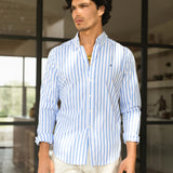 Elias Long Sleeve Stripe Shirt - White & Light Blue