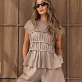 Alessia Linen Frill Top - Tan