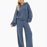 Zoey Ribbed Wide Leg Trousers - Smoky Blue