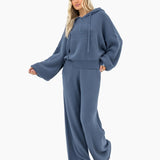 Zoey Ribbed Wide Leg Trousers - Smoky Blue