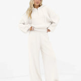 Zoey Ribbed Wide Leg Trousers - Off White