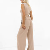 Zoey Ribbed Wide Leg Trousers - Tan