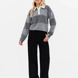 Tara Knitted Stripe Polo - Dark Grey Stripe