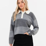Tara Knitted Stripe Polo - Dark Grey Stripe