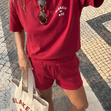 NYC Oversized T-Shirt & Isabel Jogger Shorts Set - Cherry Red